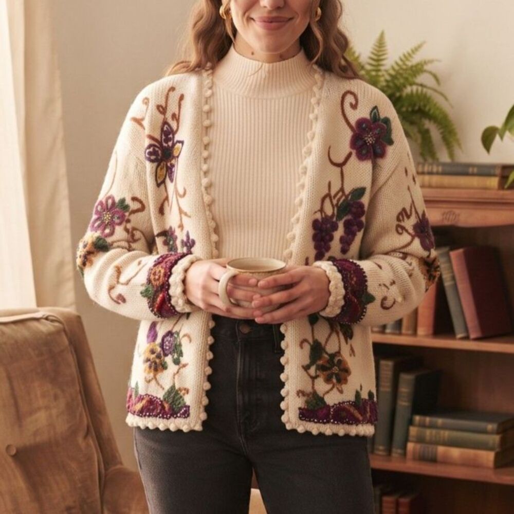 VTG 90s Casual Corner Chunky Floral Grape Embroidered Beaded Knit Cardigan S